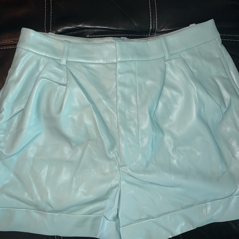 Alice + Olivia Mint Blue High-Waist Faux Leather Shorts. Size 8